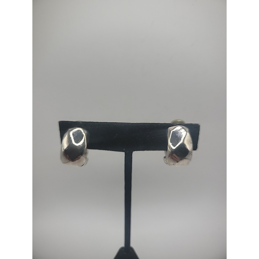 Vintage Earrings Clip On Huggie Half Hoop Silver‎ Tone Geometric Jewelry Costume